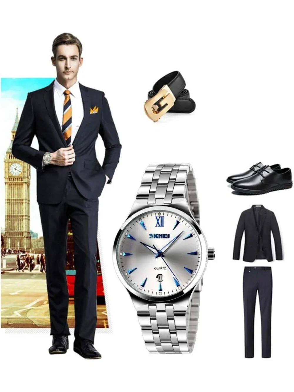 Men's Silver Blue Analog Stainless Steel Roman Numeral Waterproof Luxury Watch